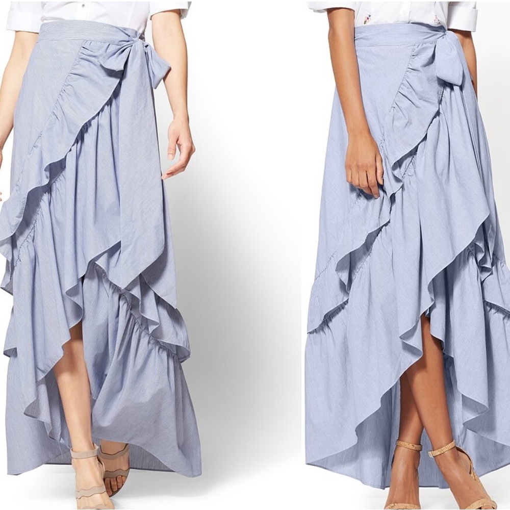 New York & Company Sky Blue Striped Ruffle Wrap Maxi Skirt